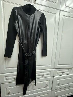 Ann Taylor Black Faux Leather Dress with Ribbed Knit Collar